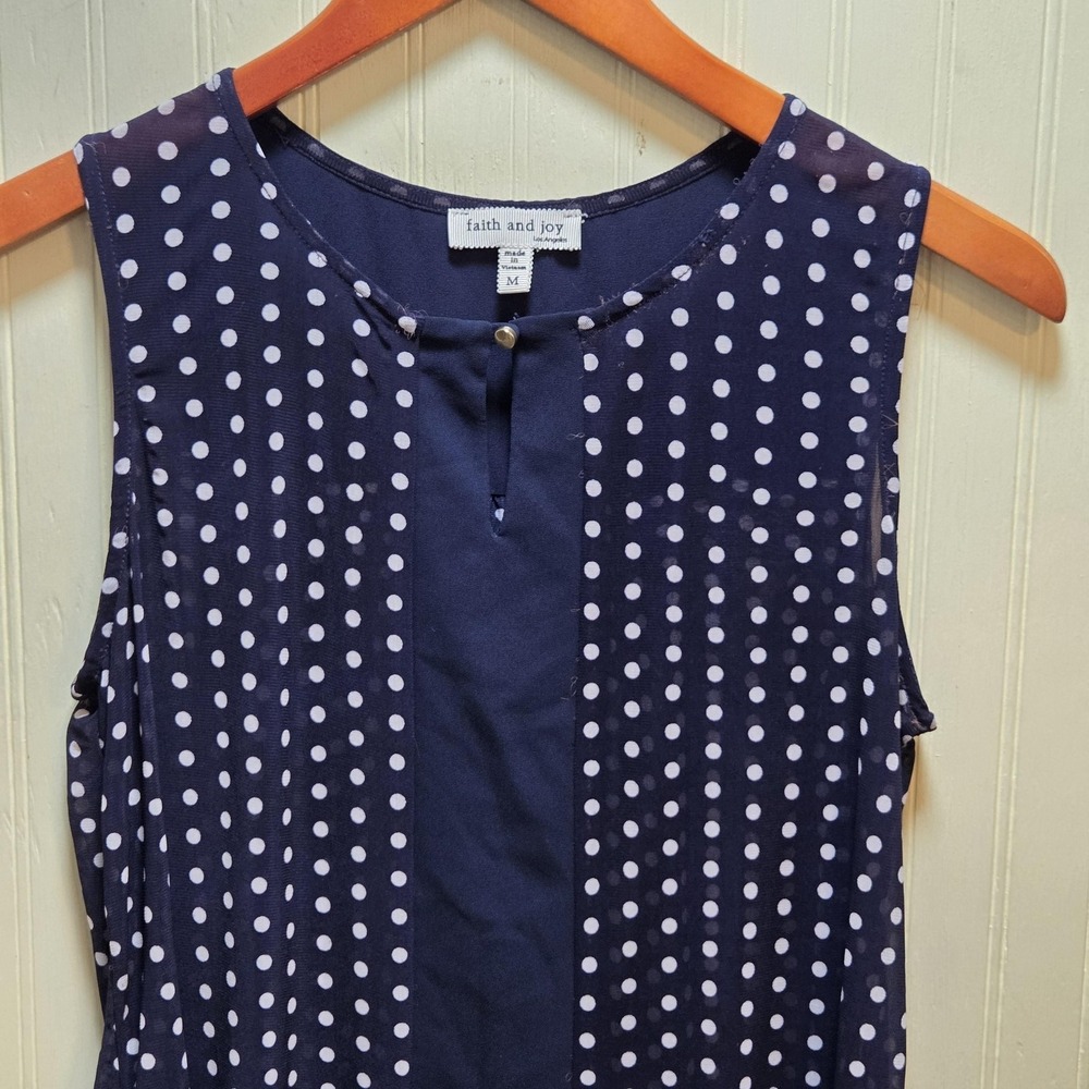 Faith And Joy Tank Top Womens Medium Blue Polka Dot Round Neck Sheer Chiffon Top